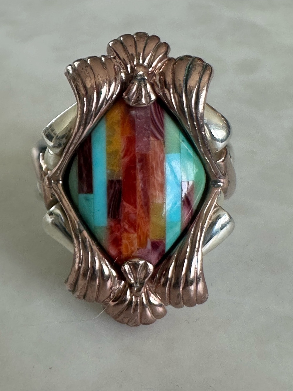 Carolyn Pollack Sterling Silver two tone vintage multi-stone inly ring Size 9